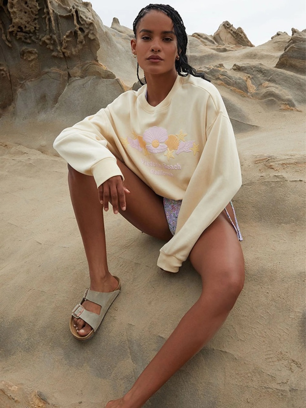 Pacsun Victoria Beach Crew Neck Cotton Blend Sweatshirt Top - Medium - Cream - Picture 3 of 17